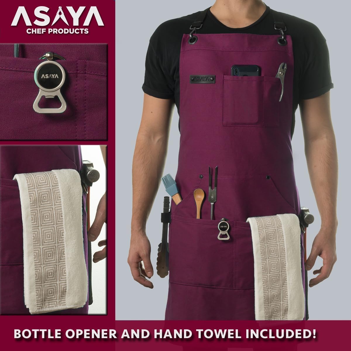 Chef/BBQ/Work Apron - Burgundy - with Bottle Opener and Hand Towel