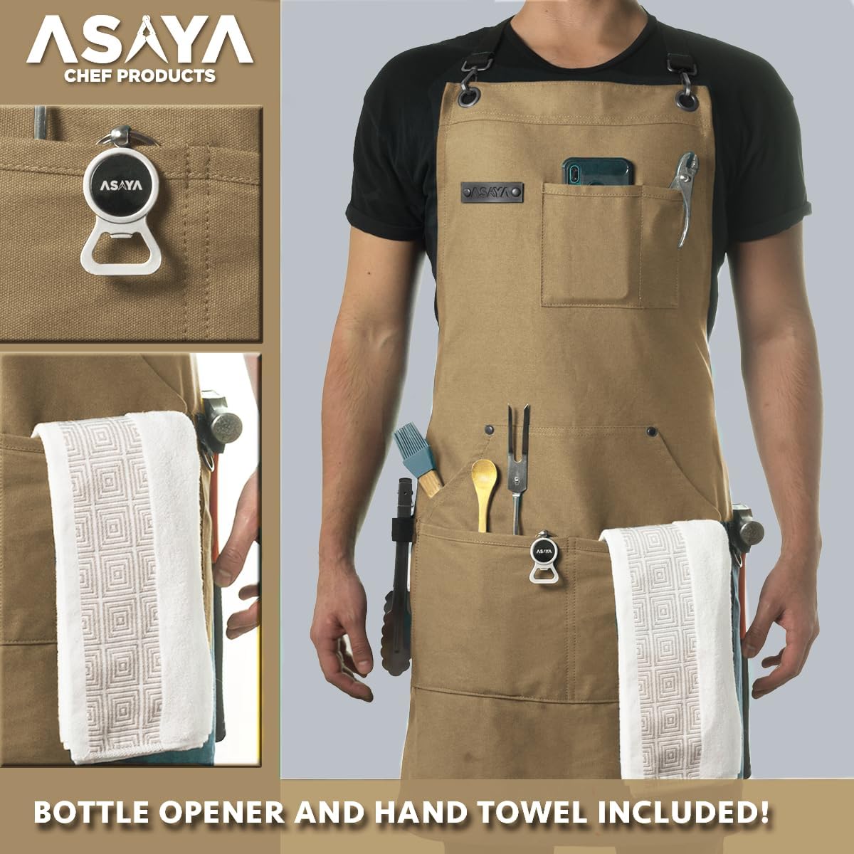 Chef/BBQ/Work Apron - Tan - with Bottle Opener and Hand Towel