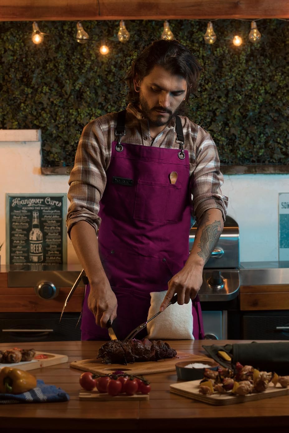 Chef/BBQ/Work Apron - Burgundy - with Bottle Opener and Hand Towel