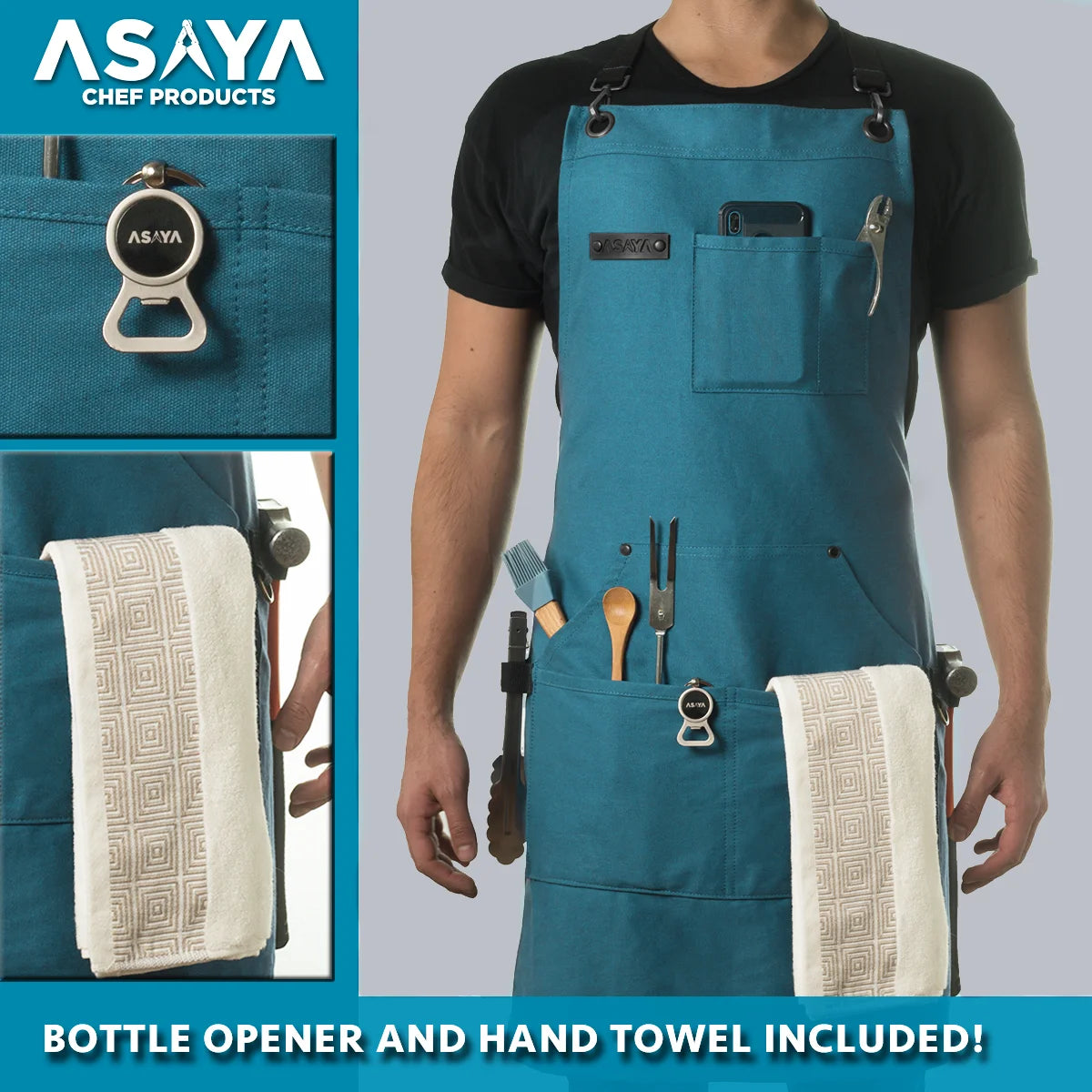 Chef/BBQ/Work Apron - Blue-Green - with Bottle Opener and Hand Towel