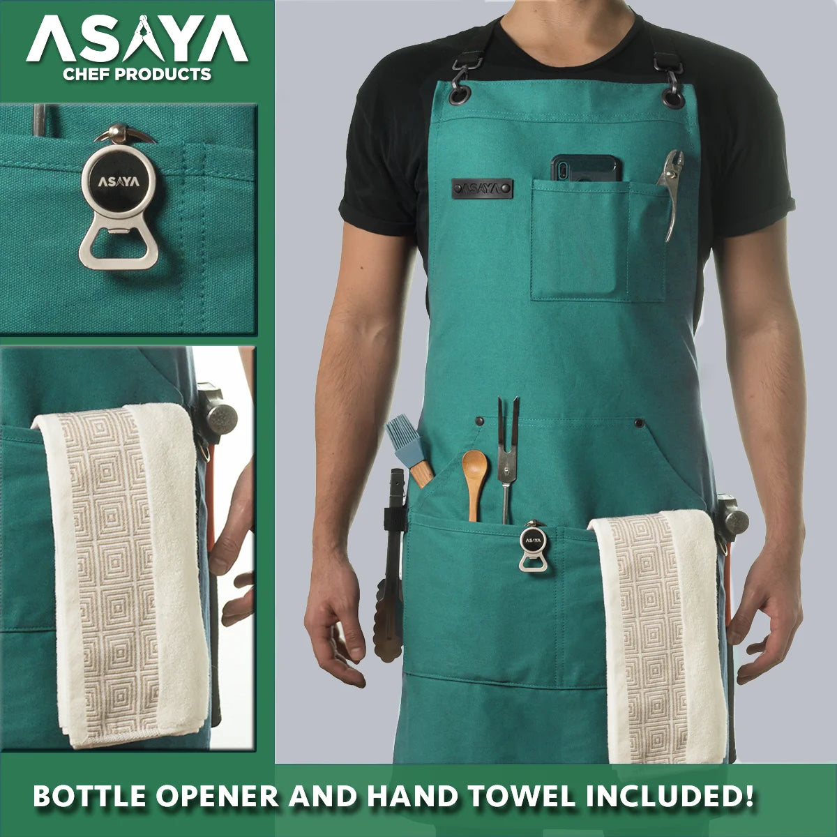 Chef/BBQ/Work Apron - Forest-Green - with Bottle Opener and Hand Towel