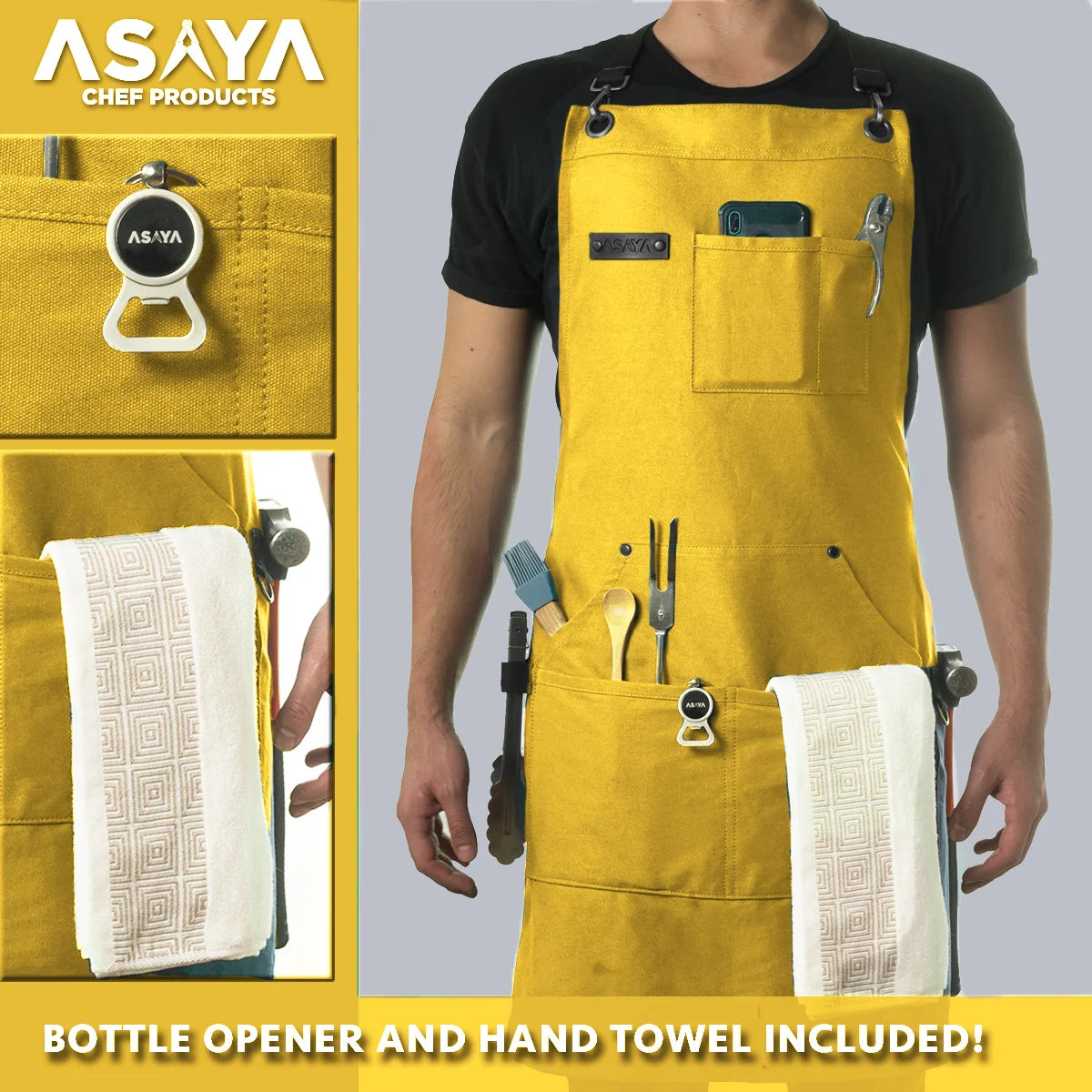 Chef/BBQ/Work Apron - Yellow - with Bottle Opener and Hand Towel