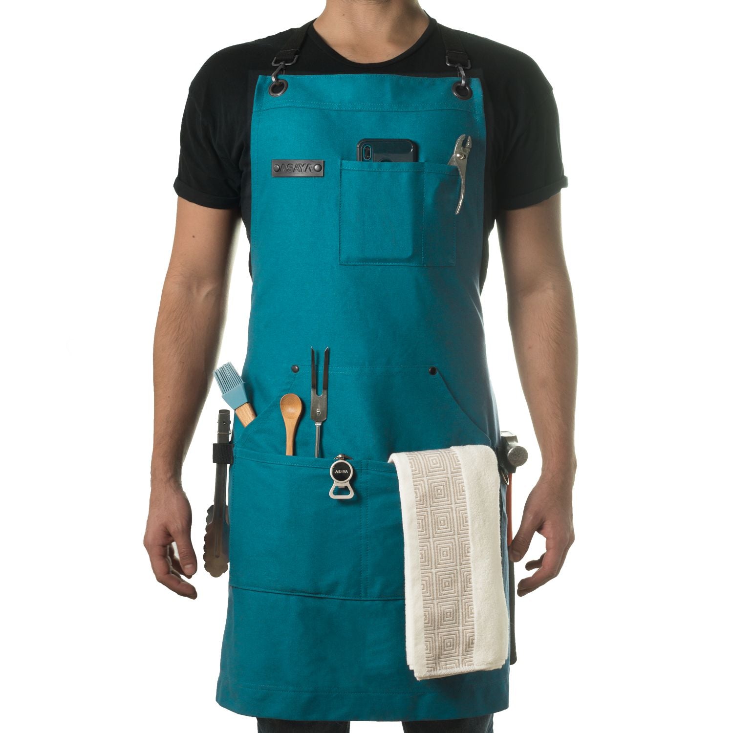 Chef/BBQ/Work Apron - Blue-Green - with Bottle Opener and Hand Towel