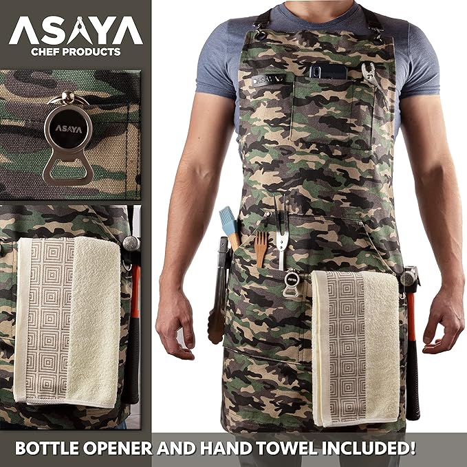Chef/BBQ/Work Apron - Green Camo - with Bottle Opener and Hand Towel