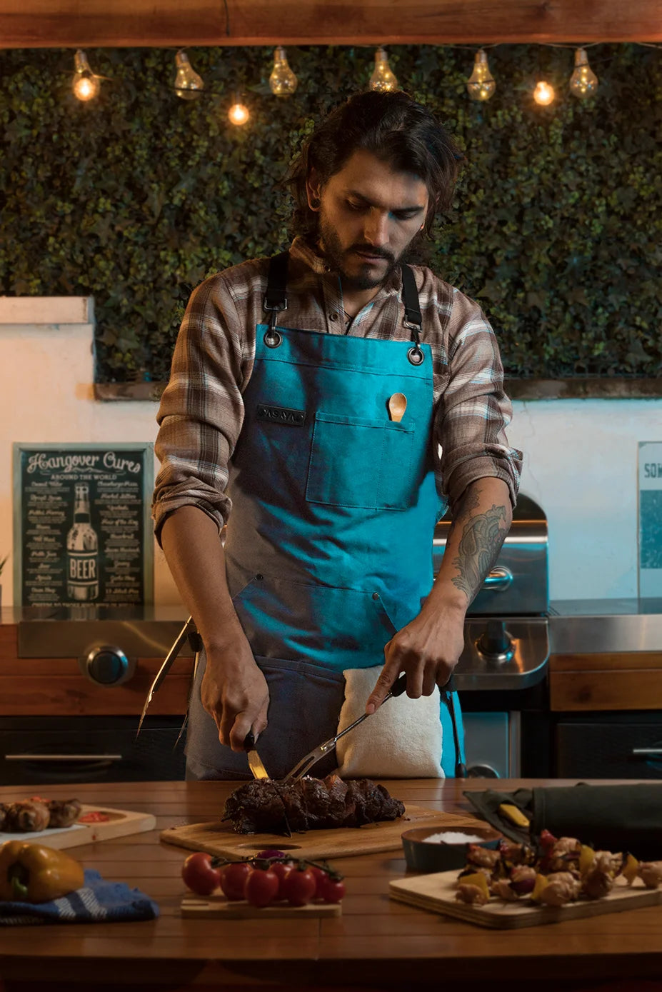Chef/BBQ/Work Apron - Blue-Green - with Bottle Opener and Hand Towel