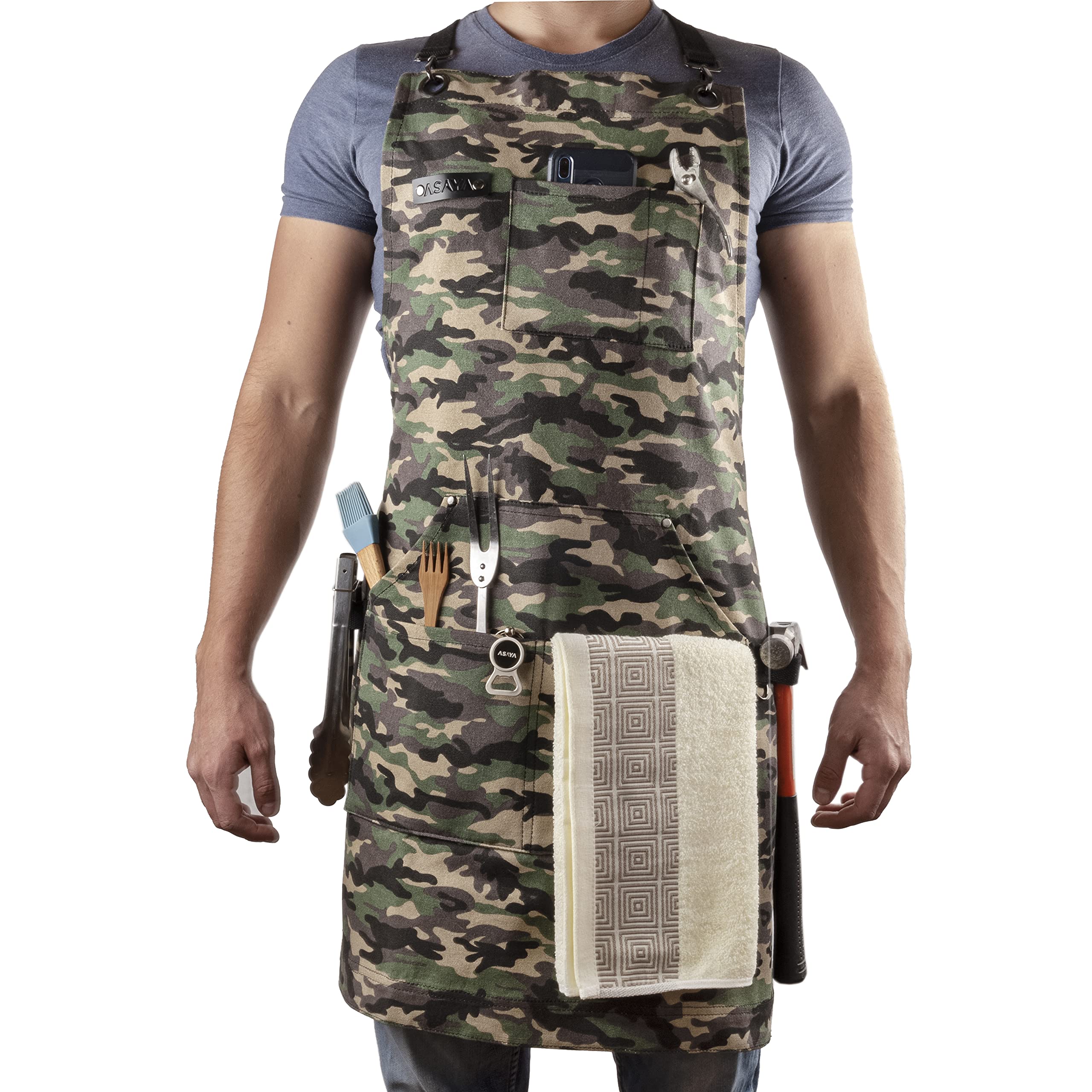 Chef/BBQ/Work Apron - Green Camo - with Bottle Opener and Hand Towel