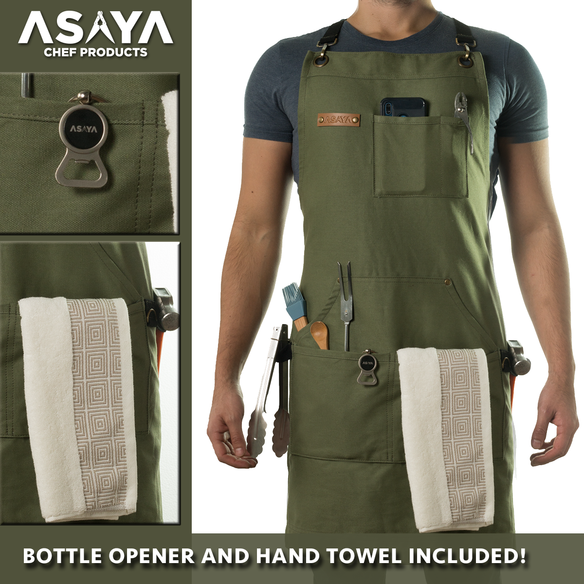 Chef/BBQ/Work Apron - Green - with Bottle Opener and Hand Towel