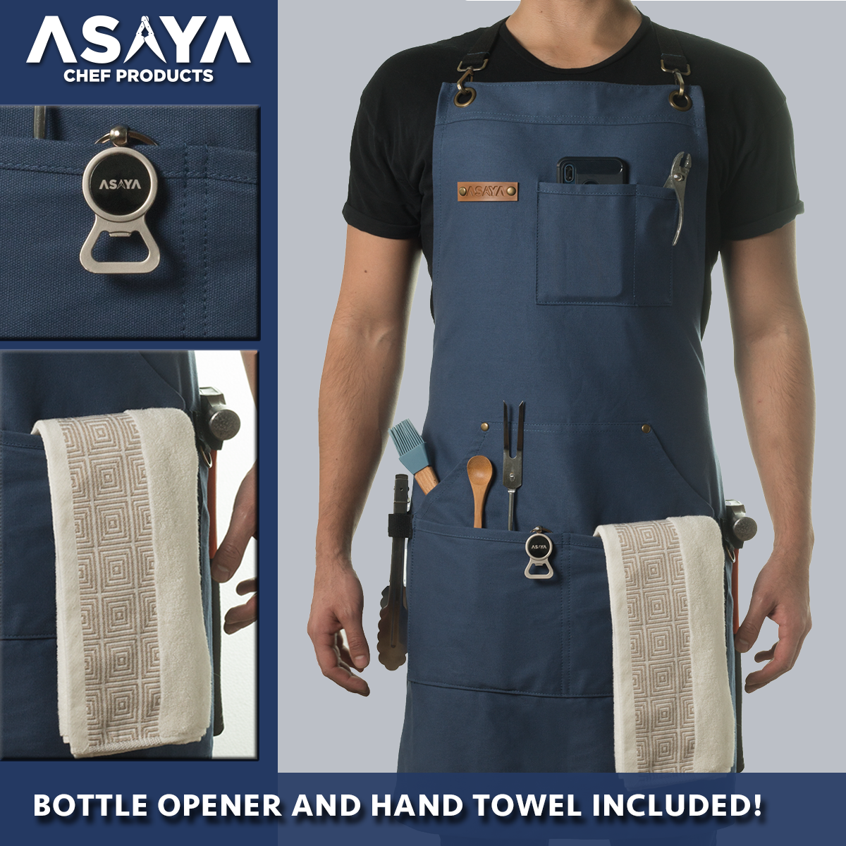 Chef/BBQ/Work Apron - Blue - with Bottle Opener and Hand Towel