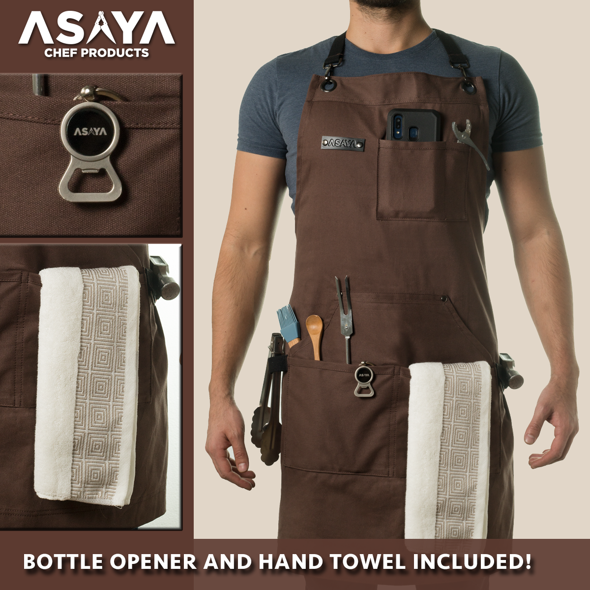 Chef/BBQ/Work Apron - Brown - with Bottle Opener and Hand Towel