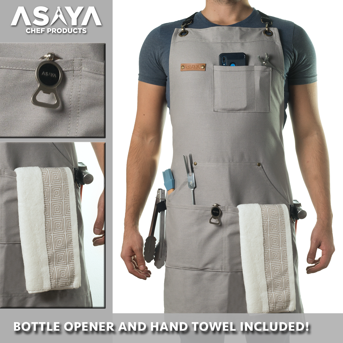 Chef/BBQ/Work Apron - Grey - with Bottle Opener and Hand Towel