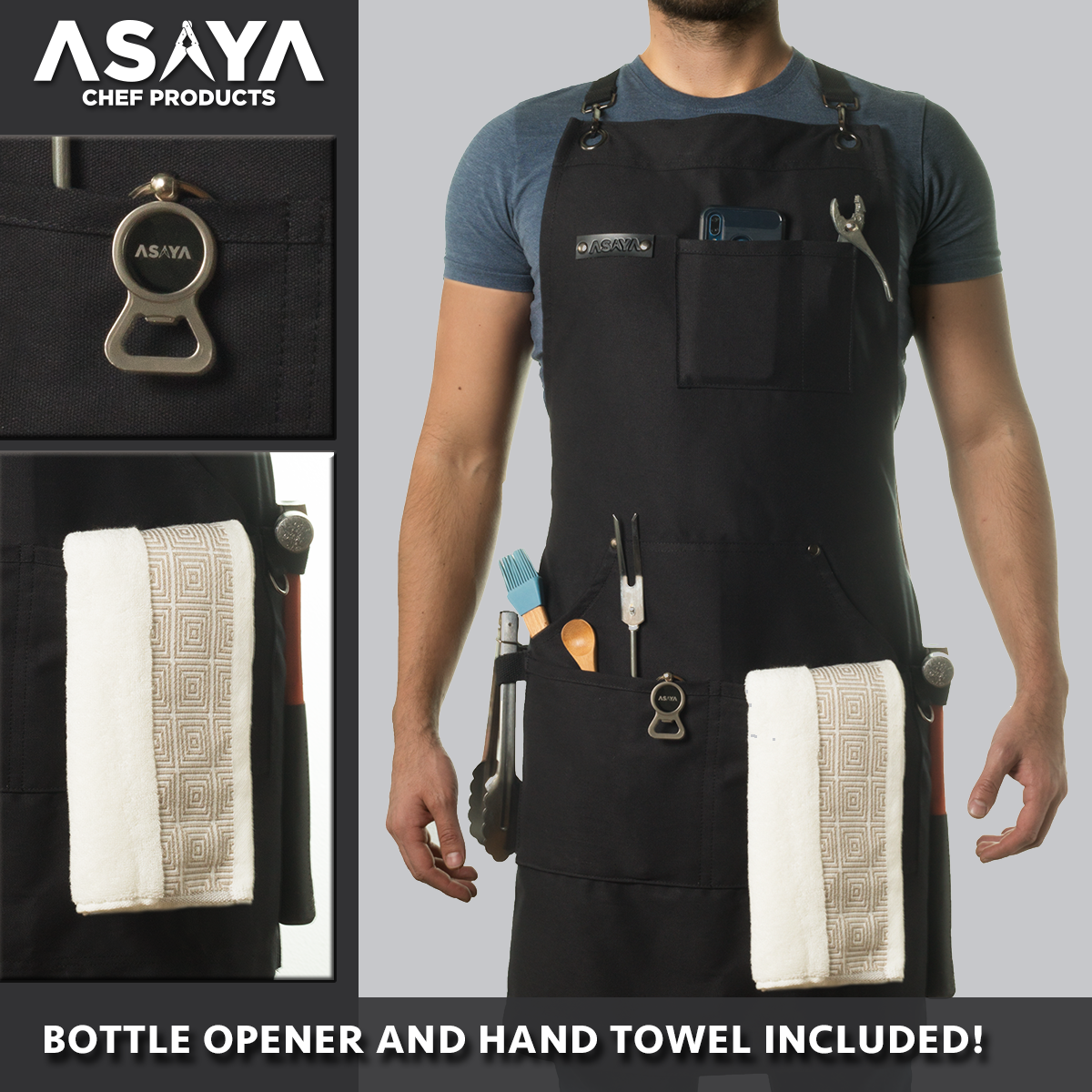 Chef/BBQ/Work Apron - Black - with Bottle Opener and Hand Towel